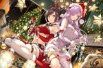  2girls animal_ears antlers aran_sweater astral_angels bare_shoulders belt black_hair boots breasts capelet christmas christmas_lights christmas_tree cleavage cleavage_cutout clothing_cutout crop_top detached_sleeves dress dutch_angle elbow_gloves extra_ears fake_antlers folded_ponytail fox_ears fur_trim gloves hair_over_one_eye hairband hat high_collar highres large_breasts long_hair long_sleeves looking_at_viewer medium_breasts midriff multiple_girls nardack navel official_art open_mouth purple_eyes purple_hair red_gloves red_headwear red_shirt red_shorts reindeer_antlers revealing_clothes santa_hat shirt short_shorts shorts sitting sleeveless sleeveless_shirt smile stomach sweater sweater_dress thigh_strap thighhighs wariza white_legwear white_sweater yellow_eyes 