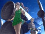 1boy 1girl bare_shoulders blue_eyes blue_sky brown_eyes brown_hair camera camisole commentary_request day digital_media_player dress earbuds earphones glasses green_dress hair_ribbon long_hair original outdoors ribbon silver_hair sky space_craft tantaka thrusters twintails 
