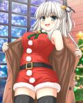  1girl aoi_akua bangs bell blush breasts christmas coat hair_ornament long_hair looking_at_viewer original santa_costume smile solo standing star_(symbol) thighhighs thighs white_hair window 