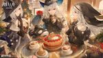  3girls arknights bangs black_gloves box cake christmas_ornaments christmas_tree cream cup doctor_(arknights) food gift gift_box gladiia_(arknights) gloves hat highres long_hair multiple_girls official_art record red_eyes silver_hair skadi_(arknights) specter_(arknights) teacup teaspoon 