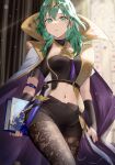  1girl alternate_costume black_legwear black_shorts book breasts byleth_(fire_emblem) byleth_(fire_emblem)_(female) cape cowboy_shot crop_top dagger enlightened_byleth_(female) fire_emblem fire_emblem:_three_houses fire_emblem_heroes green_eyes green_hair hair_between_eyes haru_(nakajou-28) highres holding holding_book knife long_hair medium_breasts midriff navel official_alternate_costume pantyhose sheath sheathed short_shorts shorts solo tiara weapon 