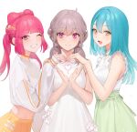  3girls :d bangs bare_shoulders belt blue_hair blush bow bow_hair_ornament braid brown_hair buttons camisole choker commentary dress ears eyebrows_visible_through_hair flower frilled_sleeves frills green_skirt grin hair_between_eyes hair_bow hair_flower hair_ornament hairpin happy heart heart_hands heart_hands_trio highres kirara_akaru komurasaki_kuo light_smile long_eyelashes long_hair long_sleeves looking_at_viewer makeup medium_hair multiple_girls ohisashiburi open_mouth original pale_skin parted_lips pink_eyes pink_hair project_luminasys shirt short_sleeves simple_background skirt smile star_(symbol) thick_eyebrows twin_braids twintails white_background white_camisole white_dress white_shirt yellow_eyes yurizono_eryo 