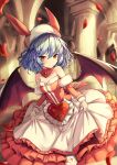  1girl absurdres bare_shoulders bat_wings blue_hair curiosities_of_lotus_asia dress ei_tantan feet_out_of_frame highres indoors light_smile looking_at_viewer off-shoulder_dress off_shoulder petals pillar red_eyes remilia_scarlet short_hair slit_pupils solo touhou wings 