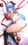  1girl absurdres ahoge all_fours ass bed_sheet bell black_legwear blue_hair breasts christmas christmas_ornaments clothes_pull curled_horns detached_sleeves feet_out_of_frame ganyu_(genshin_impact) genshin_impact goat_horns highres horns jingle_bell large_breasts long_hair looking_at_viewer merry_christmas nevin_(flyskying) open_mouth panties pantyhose pantyhose_pull purple_eyes red_panties red_ribbon ribbon side-tie_panties sideways solo topless underwear very_long_hair 