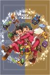  2boys :d alternate_costume ash_ketchum bangs black_hair boots brown_eyes brown_footwear chappy_(kanata218) christmas cinderace commentary_request dracovish dragonite gengar goh_(pokemon) grookey highres holding hood hooded_jacket inteleon jacket lucario male_focus merry_christmas multiple_boys open_mouth pants pikachu plant pokemon pokemon_(anime) pokemon_swsh_(anime) potted_plant short_hair sirfetch&#039;d smile tongue 