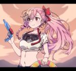  1girl collarbone commentary diving_mask dusk eyebrows_visible_through_hair eyewear_around_neck girls&#039;_frontline goggles groin hexagram holding holding_water_gun innertube korean_commentary long_hair looking_to_the_side midriff navel negev_(girls&#039;_frontline) outdoors pink_hair red_eyes shirt sidarim smile snorkel solo star_of_david tied_shirt upper_body water_gun 