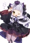  1girl ;d absurdres animal_ear_fluff animal_ears arm_up bangs black_bow black_capelet black_dress black_ribbon blush bow capelet cat_ears cat_girl cat_tail commentary crown dress fangs frilled_dress frilled_sleeves frills fur-trimmed_capelet fur_trim hair_ribbon highres hololive long_hair long_sleeves looking_at_viewer murasaki_shion noi_mine one_eye_closed pantyhose ribbon short_eyebrows silver_hair simple_background skin_fangs smile solo tail tail_bow tail_ornament virtual_youtuber wide_sleeves yellow_eyes 