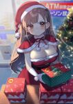  1girl bangs blush box breasts brown_eyes brown_hair capelet christmas christmas_tree closed_mouth commentary_request dress fur_trim gloves hat highres holding holding_box kodama_(sakura_yuki) large_breasts long_hair looking_at_viewer original pantyhose pom_pom_(clothes) red_capelet red_dress sakura_yuki_(clochette) santa_costume santa_hat solo standing table white_gloves 