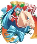  1girl aqua_eyes aqua_hair bangs bare_legs barefoot bell blue_nails candy candy_cane christmas commentary eiji_(eiji) eyebrows_visible_through_hair feet food foot_focus foreshortening fur_trim gift gloves green_ribbon hair_between_eyes hat hatsune_miku highres jingle_bell nail_polish open_mouth red_ribbon ribbon santa_costume santa_hat simple_background sky solo star_(sky) starry_sky tied_hair toenail_polish toenails twintails vocaloid white_background white_gloves 