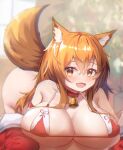  1girl absurdres animal_ears aoinu_(aoinu_99) arknights bangs bell bikini blush breasts brown_eyes brown_hair ceobe_(arknights) christmas collar fang highres huge_breasts looking_at_viewer open_mouth santa_bikini smile solo swimsuit tail 
