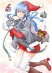  1girl animal blue_eyes blue_hair blush christmas commentary eyebrows_visible_through_hair fur-trimmed_sleeves fur_trim gloves gotland_(kancolle) grey_gloves hair_between_eyes hat holding holding_sack kantai_collection long_sleeves medium_hair mole mole_under_eye open_mouth pom_pom_(clothes) red_headwear revision rudder_footwear rui_shi_(rayze_ray) sack santa_costume santa_hat sheep smile solo star_(symbol) thighhighs white_legwear 