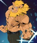  abs anthro bandai_namco biceps bottomwear claws clothing digimon digimon_(species) ear_piercing felid feline hi_res leomon lion looking_at_viewer maine male mammal muscular muscular_anthro muscular_male nipples pantherine pants pecs piercing scar solo teeth thymilph vein 