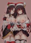 2girls absurdres bare_shoulders black_choker black_hair black_skirt breasts center_opening choker cleavage clothes_lift collarbone condom condom_packet_strip condom_wrapper cowboy_shot fur_trim girls&#039;_frontline glowing glowing_eyes gradient_hair hat highres large_breasts lifted_by_self long_hair long_sleeves looking_at_viewer m14_(girls&#039;_frontline) m14_(xmas_parade)_(girls&#039;_frontline) m21_(girls&#039;_frontline) m21_(xmas_at_home)_(girls&#039;_frontline) miniskirt multicolored_hair multiple_girls navel nipples no_bra no_panties official_alternate_costume orange_eyes parted_lips pleated_skirt pussy red_headwear red_legwear red_shirt revealing_clothes ru_zhai santa_costume santa_hat sex_toy shirt skirt skirt_lift smile standing take_your_pick thigh_strap thighhighs thighs very_long_hair vibrator yellow_eyes 