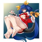  1girl ass bangs bare_legs bare_shoulders barefoot belt blue_hair breasts center_opening choker christmas detached_sleeves dizzy_(guilty_gear) eiji_(eiji) eyebrows_visible_through_hair feet foot_focus foreshortening fur_trim greek_toe guilty_gear guilty_gear_x guilty_gear_xx hair_between_eyes hair_ribbon highres large_breasts long_hair looking_at_viewer midriff monster_girl nail_polish panties red_eyes red_nails red_panties ribbon santa_costume smile soles solo tail tail_ornament tail_ribbon thigh_strap thighs toenail_polish toenails toes twintails underboob underwear wide_sleeves yellow_ribbon 