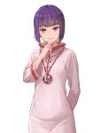  1girl bangs blunt_bangs blush character_request closed_mouth commentary_request copyright_request dress eyebrows_visible_through_hair highres long_sleeves looking_at_viewer purple_eyes purple_hair shiny short_hair simple_background smile solo tantaka white_background 