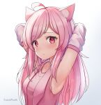  1girl absurdres animal_ears armpits arms_up bangs blush cat_ears child closed_mouth cowlick frown highres long_hair looking_at_viewer pink_hair presenting_armpit raviolimavioli red_eyes simple_background solo sweat white_background 
