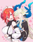  2girls ahoge bare_shoulders blonde_hair blue_horns blush breasts closed_eyes demon_girl eyebrows_visible_through_hair gloves guardian_tales heart horns hug large_breasts looking_at_another multiple_girls noble_succubus_bianca official_alternate_costume open_mouth pointy_ears red_hair red_horns succubus_adventurer_yuze uniofthedead white_gloves 