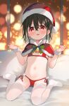  1girl :d absurdres bangs bell bikini black_hair blush bow capelet commentary eyebrows_visible_through_hair fur-trimmed_capelet fur-trimmed_headwear fur_trim green_bow hair_between_eyes hands_up hat highres meito_(maze) navel no_shoes original pillow red_bikini red_capelet red_eyes red_headwear santa_hat side-tie_bikini sitting smile solo swimsuit symbol-only_commentary thighhighs wariza white_legwear 