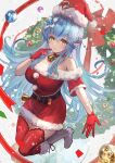  1girl bangs bell belt black_belt blue_hair boots bracelet breasts choker christmas commentary_request dress elf fur-trimmed_dress fur_trim gloves hair_between_eyes hand_up hat highres hololive jewelry knee_boots large_breasts long_hair looking_at_viewer multicolored_hair neck_bell off_shoulder parted_lips pointy_ears red_choker red_dress red_gloves red_legwear santa_costume santa_hat short_sleeves solo streaked_hair thighhighs very_long_hair virtual_youtuber white_footwear xyunx yellow_eyes yukihana_lamy 