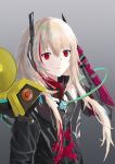  1girl arm_behind_head banana_(girls&#039;_frontline) bangs black_jacket blonde_hair closed_mouth eyebrows_visible_through_hair feet_out_of_frame girls&#039;_frontline grey_background headset highres jacket long_hair looking_at_viewer m4_sopmod_ii_(girls&#039;_frontline) mechanical_arms multicolored_hair red_eyes single_mechanical_arm solo standing upper_body wh1te 