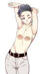  1girl armpits belt black_hair blue_eyes commentary_request dekapoi earrings eyelashes grey_pants highres jewelry looking_to_the_side one_eye_closed original pants short_hair simple_background solo standing stretch sweater turtleneck turtleneck_sweater undercut white_background 