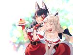  2girls :d animal_ear_fluff animal_ears bangs bell black_hair braid breasts brown_eyes cake cake_slice choker closed_eyes commentary deany dress eyebrows_visible_through_hair food fork fox_ears fur-trimmed_dress fur_trim gloves hair_between_eyes hair_ornament highres holding holding_fork holding_plate hololive long_hair looking_at_another medium_breasts multicolored_hair multiple_girls neck_bell ookami_mio plate red_choker red_dress red_gloves red_hair shirakami_fubuki short_sleeves sideways_glance smile streaked_hair symbol-only_commentary v_arms virtual_youtuber white_hair wolf_ears 