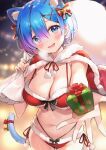  1girl :d animal_ears ayamy bangs bikini blue_eyes blue_hair blurry blurry_background blush bow breasts capelet cat_ears cat_tail cleavage commentary cowboy_shot earrings fang fur-trimmed_capelet fur_trim gift hair_bow hair_ornament hair_over_one_eye highres holding holding_sack incoming_gift jewelry large_breasts looking_at_viewer lower_teeth navel re:zero_kara_hajimeru_isekai_seikatsu red_bikini red_bow red_capelet rem_(re:zero) sack santa_bikini short_hair skin_fang smile solo star_(symbol) stomach swimsuit tail teeth x_hair_ornament 