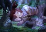  1boy bangs bodypaint brown_hair closed_eyes commentary_request eyelashes highres koko_(pokemon) leaf light_rays loincloth lying male_focus mato. navel night on_side outdoors parted_lips pokemon pokemon_(anime) pokemon_(creature) pokemon_m23 skwovet sleeping topless_male 