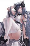  1girl absurdres animal_ears arm_behind_head arm_garter arm_up august_von_parseval_(azur_lane) azur_lane bangs bare_arms bare_shoulders black_bow black_bowtie black_footwear black_hair black_skirt bow bowtie breasts collared_shirt eternity_(shadeh) feet full_body hair_over_one_eye high_heels highres horns knees_up large_breasts long_hair looking_at_viewer mechanical_horns mouth_hold official_alternate_costume purple_eyes revision ribbon ribbon_in_mouth shirt shoe_dangle shoes sideboob single_shoe sitting skirt sleeveless sleeveless_shirt solo thighhighs very_long_hair white_background white_legwear white_shirt 