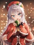  1girl absurdres bangs blue_eyes blush breasts diamond-shaped_pupils diamond_(shape) eyebrows_visible_through_hair gift gr_greeze hair_ornament hat highres honkai_(series) honkai_impact_3rd kiana_kaslana large_breasts long_hair looking_at_viewer open_mouth red_headwear santa_costume smile solo symbol-shaped_pupils upper_body white_hair 