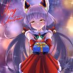  1girl animal_ears bangs blunt_bangs cat_ears chest_jewel christmas facial_mark gem gift gloves long_hair low_twintails nia_(blade)_(xenoblade) nia_(xenoblade) red_gloves santa_dress silver_hair solo twintails very_long_hair xenoblade_chronicles_(series) xenoblade_chronicles_2 yellow_eyes z-ki 