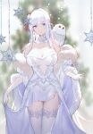  1girl azur_lane bangs bare_shoulders bird blue_eyes breasts cleavage collarbone detached_collar dress elbow_gloves fur_trim gloves highres illustrious_(azur_lane) large_breasts long_hair looking_at_viewer owl smile swd3e2 thighhighs very_long_hair white_dress white_gloves white_hair white_legwear 