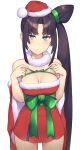  1girl alternate_costume bangs bare_shoulders black_hair blue_eyes blush bow breasts cleavage commentary cowboy_shot detached_sleeves dress eyebrows_visible_through_hair fate/grand_order fate_(series) fur_trim highres long_hair looking_at_viewer medium_breasts p!nta pout red_dress santa_costume side_ponytail solo ushiwakamaru_(fate) very_long_hair waist_bow white_background wrapped_candy wrapper 