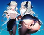  1girl anus ass back bangs belt black_bow black_legwear black_skirt blue_background blue_eyes bow braid breasts collared_shirt dress_shirt fate/grand_order fate_(series) french_braid gradient gradient_background grey_hair hair_bow highres large_breasts long_hair long_sleeves looking_at_viewer m-da_s-tarou morgan_le_fay_(fate) multiple_views office_lady pantyhose pencil_skirt ponytail pussy shirt sidelocks skirt thighs torn_clothes torn_legwear very_long_hair white_shirt 