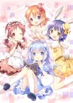  4girls :d ;) animal_ears bare_shoulders black_footwear black_hairband blue_dress blue_eyes blue_hair blush book brown_eyes brown_hair closed_mouth commentary_request crown detached_sleeves dress feet_out_of_frame frilled_hairband frills gochuumon_wa_usagi_desu_ka? hair_ornament hairband hat highres holding holding_book hoto_cocoa jouga_maya kafuu_chino kemonomimi_mode kneeling knees_together_feet_apart knees_up long_hair low_twintails mini_crown mini_hat mini_top_hat multiple_girls nanase_miori natsu_megumi one_eye_closed open_book pink_dress puffy_short_sleeves puffy_sleeves purple_eyes purple_hair rabbit_ears rabbit_girl rabbit_tail red_eyes shirt shoe_soles short_sleeves sitting smile socks strapless tail tiara tilted_headwear tippy_(gochiusa) top_hat twintails very_long_hair white_legwear white_shirt white_sleeves wrist_cuffs x_hair_ornament yellow_dress yellow_headwear 