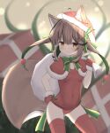  1girl :3 ahoge animal_ear_fluff animal_ears bangs blurry blurry_background blush bow box breasts brown_eyes brown_hair capelet christmas closed_mouth commentary_request covered_navel depth_of_field ears_through_headwear eyebrows_visible_through_hair fur-trimmed_capelet fur-trimmed_hood fur-trimmed_mittens fur_trim gift gift_box green_bow green_hair hair_ornament hairclip hand_on_hip heart_ahoge highres holding holding_sack hood hood_up hooded_capelet long_hair looking_at_viewer mittens multicolored_hair old_school_swimsuit one-piece_swimsuit original red_capelet red_legwear red_mittens red_swimsuit risu_(ritharte) sack school_swimsuit small_breasts smile solo swimsuit tail thighhighs two-tone_hair x_hair_ornament 