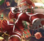  1boy animal_ears bara bulge christmas full_moon furry furry_male gift hand_focus highres large_pectorals looking_at_viewer male_focus moon muscular muscular_male night night_sky nomad_(housamo) pectorals red_eyes red_hair short_hair sky skyline smile solo tachiyawolf tail tiger_boy tiger_ears tiger_stripes tiger_tail tokyo_afterschool_summoners 