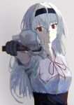  1girl bangs black_gloves black_hairband blood_on_arm closed_mouth cup expressionless eyebrows_visible_through_hair feet_out_of_frame girls&#039;_frontline gloves gun hair_between_eyes hairband handgun highres holding holding_cup light_blue_hair long_hair looking_at_viewer neck_ribbon red_eyes red_ribbon ribbon shirt solo standing thunder_(girls&#039;_frontline) upper_body weapon wh1te white_background white_shirt 
