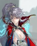  alternate_costume bangs blue_eyes breasts cape cleavage collarbone crossed_arms dress english_commentary fire_emblem fire_emblem:_genealogy_of_the_holy_war fire_emblem_heroes floating_hair grey_background hair_behind_ear head_tilt highres ishtar_(fire_emblem) long_hair looking_at_viewer medium_breasts mixed-language_commentary official_alternate_costume parted_lips red_cape silver_hair suzuki_rika white_dress 