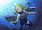  1girl :t air_bubble backlighting bare_arms bare_shoulders black_legwear black_swimsuit blonde_hair bubble closed_mouth commentary_request covered_navel crop_top day diving dutch_angle forehead green_eyes hair_ribbon hair_slicked_back hairband holster kantai_collection legs_apart looking_at_viewer luigi_torelli_(kancolle) machinery one-piece_swimsuit revision ribbon rigging short_hair sleeveless solo submerged sunlight swimsuit swimsuit_skirt tantaka tareme thigh_holster thigh_strap thighhighs turret underwater v-shaped_eyebrows white_hairband white_ribbon 