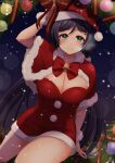  1girl absurdres blush breasts christmas cleavage green_eyes hat highres large_breasts looking_at_viewer love_live! love_live!_school_idol_project low_twintails ornament pom_pom_(clothes) pukonuu purple_hair red_ribbon ribbon santa_costume santa_hat solo toujou_nozomi twintails 