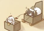  2girls :3 aegir_(azur_lane) august_von_parseval_(azur_lane) azur_lane bag bell black_hair chibi closed_eyes curled_horns demon_horns diamond_(shape) fur-trimmed_headwear hair_between_eyes hair_over_one_eye hat horns in_bag in_container koti long_hair mechanical_horns multicolored_hair multiple_girls red_hair santa_hat sparkle streaked_hair two-tone_hair yellow_background 