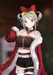  1girl absurdres arm_up bangs black_gloves black_shorts bow breasts brown_tank_top christmas cloak cloak_pull closed_mouth double_bun eyebrows_visible_through_hair eyewear_on_head feet_out_of_frame girls&#039;_frontline gloves grey_hair hair_bow hair_ornament hairclip highres long_hair looking_at_viewer medium_breasts merry_christmas official_alternate_costume p90_(girls&#039;_frontline) p90_(scarlet_turbo)_(girls&#039;_frontline) red_bow red_cloak red_eyes santa_costume shorts simple_background smile solo standing suspenders tank_top wh1te 