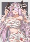  1girl absurdres alternate_costume asymmetrical_gloves bandaged_head bandages blood blood_on_clothes blood_stain blue_eyes braid breasts costume demon_horns draph gloves granblue_fantasy grey_background hair_over_one_eye hands_up highres horns kurakura_s3 large_breasts light_purple_hair long_hair low_tied_hair mummy mummy_costume naked_bandage narmaya_(granblue_fantasy) pointy_ears purple_hair single_braid solo uneven_gloves 