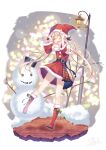  1girl bangs belt blonde_hair blush boots christmas hat highres holding holding_clothes holding_hat kugatsu_tooka long_hair one_eye_closed open_mouth original plaid santa_costume santa_hat signature smile snowman solo standing thighs twintails 