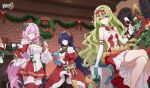  3girls alcohol antlers artist_request bangs bare_shoulders boots bow bowtie breasts candy candy_cane chimney christmas christmas_ornaments christmas_present christmas_tree christmas_wreath cleavage crossed_legs cup detached_sleeves dress drinking_glass elysia_(honkai_impact) fake_horns food gift green_bow green_bowtie green_eyes green_hair hair_between_eyes hair_bow hair_ornament hand_on_hip hat highres holding holding_cup honkai_(series) honkai_impact_3rd horns indoors long_hair long_sleeves mobius_(honkai_impact) multiple_girls official_art one_eye_closed pink_eyes pink_hair pointy_ears purple_eyes purple_hair raiden_mei red_bow red_bowtie red_dress red_footwear santa_costume santa_hat sitting sleeveless thigh_boots thighhighs white_sleeves window wine wine_glass 
