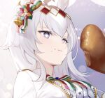  +_+ 1girl animal_ears bell blue_eyes blush buttons christmas christmas_lights closed_mouth eating food food_on_face hair_between_eyes holding holding_food horse_ears horse_girl jacket koyo_akio long_hair oguri_cap_(umamusume) open_clothes open_jacket portrait silver_hair solo turkey_(food) umamusume white_jacket 