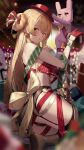  1girl absurdres bangs blonde_hair blush breasts christmas christmas_lights eine_(virtuareal) from_side hair_bun han_(ozrfour) hat highres indoors kneeling large_breasts long_hair looking_at_viewer nijisanji panties ribbon smile solo underboob underwear virtuareal 