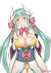  1girl absurdres bikini breasts dragon_girl dragon_horns fate/grand_order fate_(series) front-tie_bikini front-tie_top green_hair highres horns japanese_clothes kimono kiyohime_(fate) kiyohime_(swimsuit_lancer)_(fate) long_hair medium_breasts multiple_horns obi sash solo swimsuit yellow_bikini yellow_eyes 