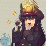  ... 2girls :d bangs black_hair boa_(brianoa) buttons commentary english_commentary english_text fate/grand_order fate_(series) gloves gun hair_between_eyes hand_on_own_chin handgun hands_up hat highres holding holding_gun holding_weapon jitome katana koha-ace long_hair long_sleeves mixed-language_commentary multiple_girls oda_nobunaga_(fate) oda_nobunaga_(koha/ace) oda_uri okita_souji_(fate) okita_souji_(koha/ace) open_mouth peaked_cap red_eyes revolver seigaiha sidelocks sleeve_cuffs smile sparkle sword trigger_discipline twitter_username v-shaped_eyebrows watermark weapon webley_revolver white_gloves 